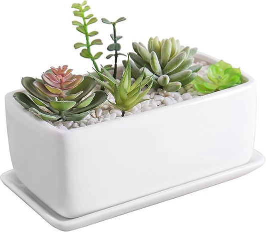 MyGift 14 Inch Modern Unglazed White Ceramic Indoor Plant Pot with Drainage Hole, Rectangular Succulent Planter Window Box with Removable Saucer, White (10 inch, 1, Piece)
