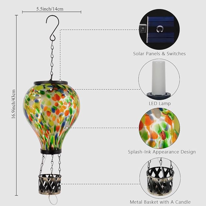 Starsoul Hot Air Balloon Solar Lantern Glass Outdoor Hot Air Balloon Solar Flickering Flame Light Waterproof Hanging Lantern for Garden Yard Patio Decorations