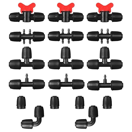 18 Pcs Drip Irrigation Fittings Kit for 1/2'' Tubing 1/2 Inch Drip Line Anti Drop Barbed Locking Nut Connector with 4 Tees 4 Couplings 3 Reducing Tee 3 Switch Valves 2 Elbows 2 Plugs