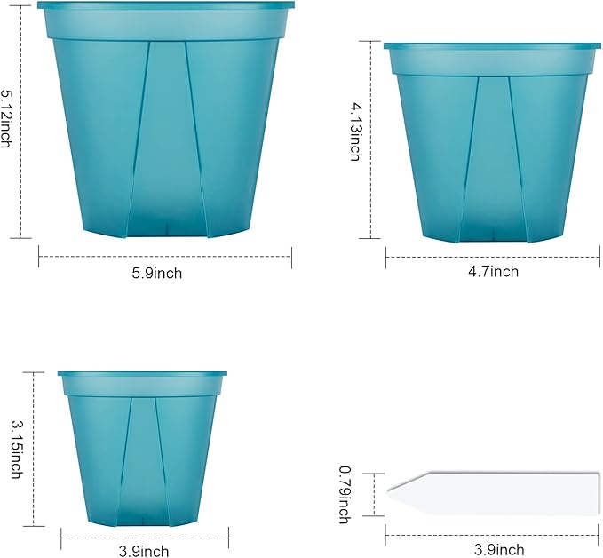 GREENPARA Blue Transparent Plastic Planter 4/5 /6 inch Plant Nursery Pots with Drainage Hole Indoor Modern Decorative Containers with 10pcs Plant Labels, 12pcs