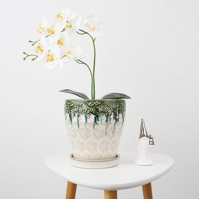 6 Inch Ceramic Planter Pots with Drainage Holes, Saucers and Mesh Pads for Indoor-Outdoor Plants, Succulent Orchid Flower Large Round Plant Pot, Set of 2 (Green+White)