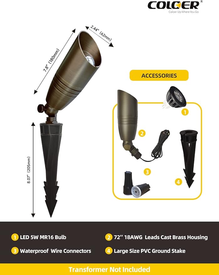 COLOER Brass Landscape Spotlights, 10 Pack Landscape Light Fixture with 5W Aluminum Housing MR16 LED Bulb 2700K 450LM,12V AC/DC Low Voltage Outdoor Spot Lighting, Uplight for Garden and Patio(102B)