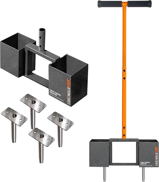 Manual Coring Lawn Aerator Hand Tool 4 Replace Tines Cores Box Loosening Compacted Soil Condition Improve Garden Yard Grass Aeration