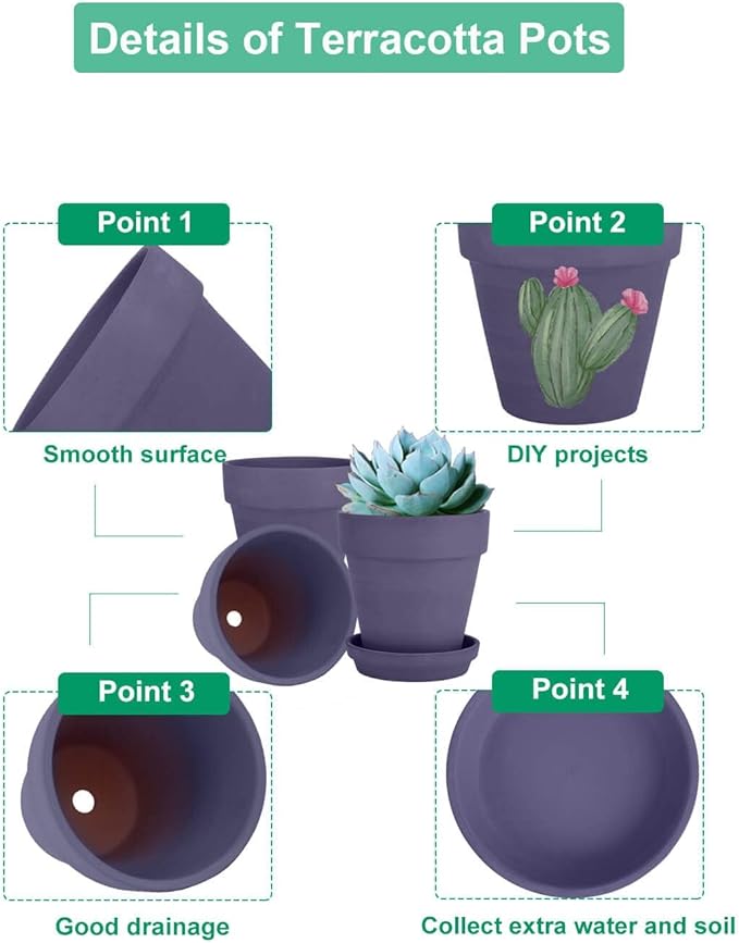 vensovo 4 Inch Small Purple Terracotta Plant Pots with Saucer - 6 Pack Clay Flowerpots with Drainage, Great for Indoor Outdoor Plants, Crafts, Wedding Favor