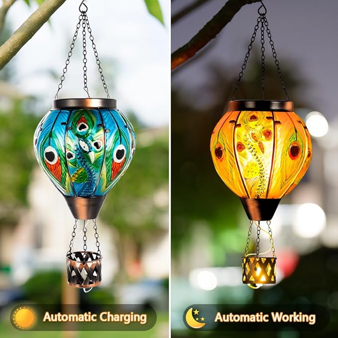 Peacock Hot Air Balloon Solar Lantern with Flickering Flame,Glass Hanging Solar Lanterns Outdoor Waterproof,Hot Air Balloon Decorative Lights for Patio Porch Yard Decor,Peacock Gifts for Women