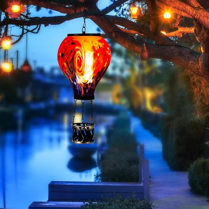 Starsoul Solar Hot Air Balloon Lantern with Flame Tie-Dye Style Hot Air Balloon Lamp Glass Outdoor Solar Hanging Lantern Waterproof for Garden Yard Patio