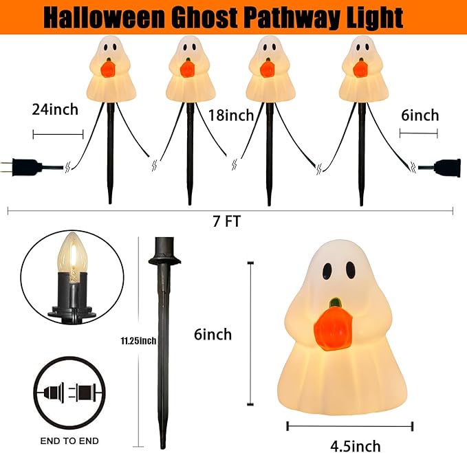 C7 Halloween Ghost Pathway String Lights, 7Ft Outdoor Halloween Decorations Lights with 4 Elves Holding Pumpkin Walkway Lights Waterproof UL Listed for Outdoor Garden Yard Lawn Sidewalk Party Decor