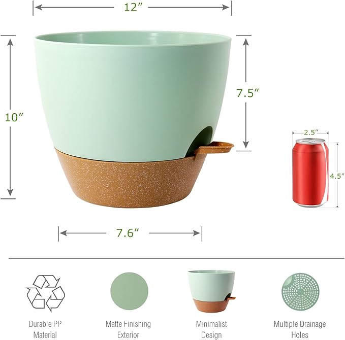 12 inch Large Self Watering Pots, Plastic Planters with 60oZ Removable Deep Reservoir and Multi Mesh Drainage Holes for Indoor Outdoor Garden Plants and Flowers, Green with Brown