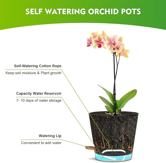 JGB 4 Pcs Orchid Pots with Holes - Each of 5, 6, 7 and 8 inch - Self Watering Orchid Pots and Plastic Breathable Orchid Planters for Repotting - Black