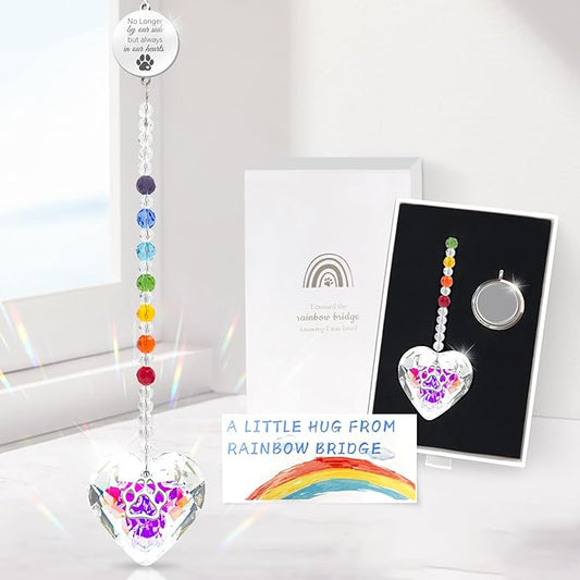 Pet Memorial Gifts for Dogs Rainbow Bridge Dog Memorial Gifts for Loss of Dog Rainbow Maker Heart-Shaped Crystal Suncatcher with Sympathy Card Dog Memorial Ornament Windows Hanging Decor