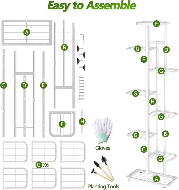 Corner Plant Stand Indoor 8 Tier 9 Potted with Gardening Tools and Gloves, Upgraded Tall Metal Plant Shelf Organizer Outdoor, Multiple Flower Pot Holder Display Rack for Patio, (8 Tier-White)
