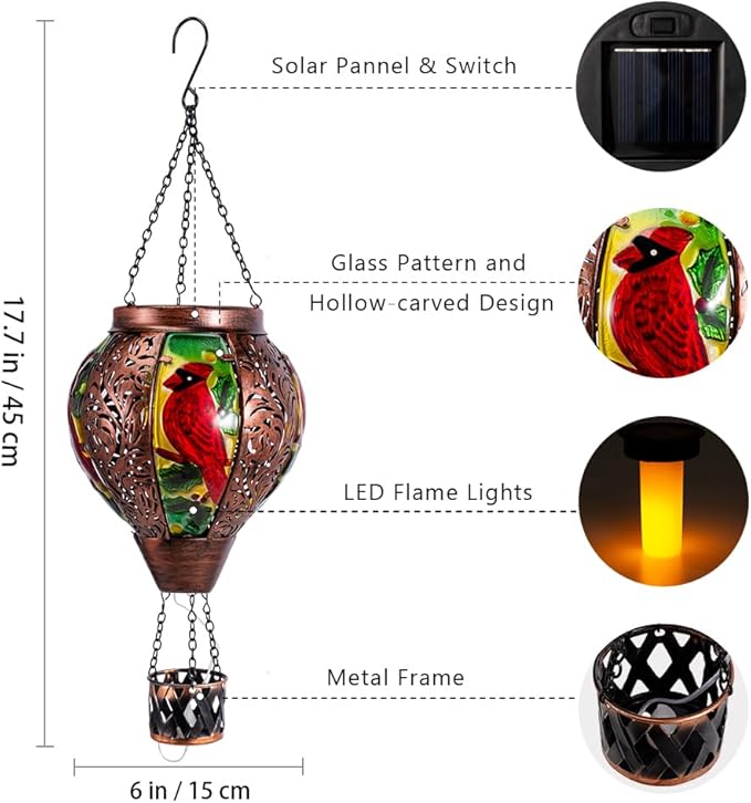 Starsoul Cardinal Hot Air Balloon Solar Lantern with Flame Candle, Hanging Hot Air Balloon Outdoor Solar Lanetrns Waterproof for Garden Patio Yard, Mother's Day Xmas Christmas Woman Gifts