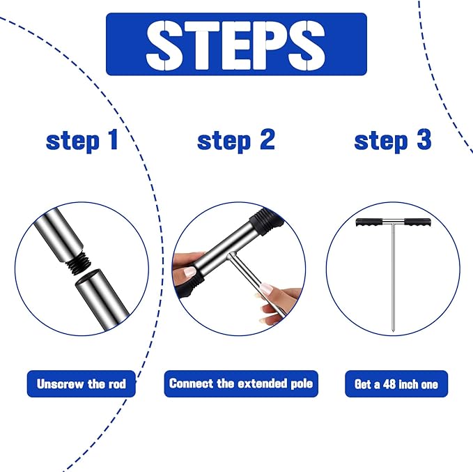 Kanayu Soil Probe Rod, 32-48 Inch Stainless Steel Septic Tank Locator Tool Adjustable Ground Rod with T Handle for Locating Underground Pipes and Gopher Runs, Gardening(48 Inch,Silver)