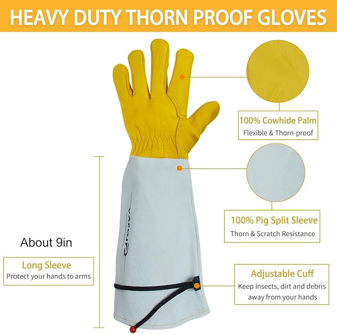 Gardening Gloves Thorn Proof for Rose Pruning & Cactus Trimming, Long Leather Garden Gloves for Women & Men (Medium)