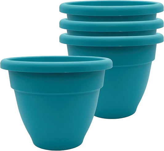 The HC Companies Caribbean Planter Pot - Outdoor & Indoor Plant Pot with Drainage Hole & Plug - Rolled Rim Plastic Pots for Plants & Flowers - Decorative Plant Pot (6" Dusty Teal, Pack of 4)
