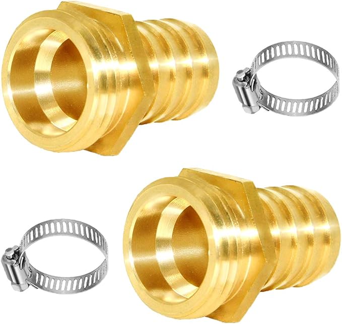 Joywayus 2Pcs 3/4" Barb x 3/4" Male GHT Thread Hex Brass Garden Water Hose Pipe Connector Copper Fitting with Stainless Clamp House/Boat/Lawn/Power Wash/Irrigation