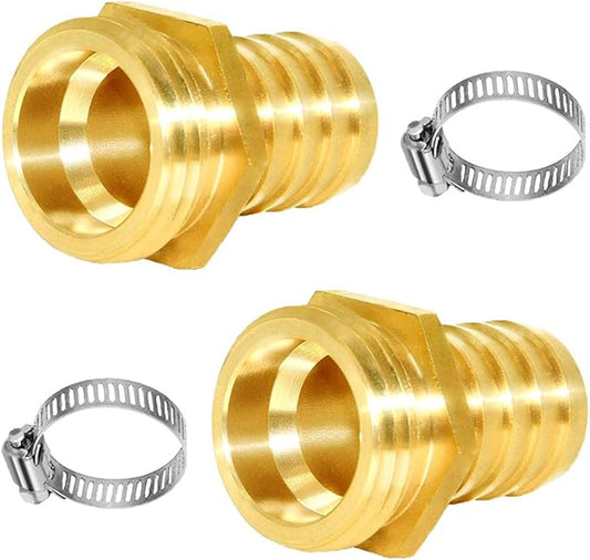 Joywayus 2Pcs 5/8" Barb x 3/4" Male GHT Thread Hex Brass Garden Water Hose Pipe Connector Copper Fitting with Stainless Clamp House/Boat/Lawn/Power Wash/Irrigation