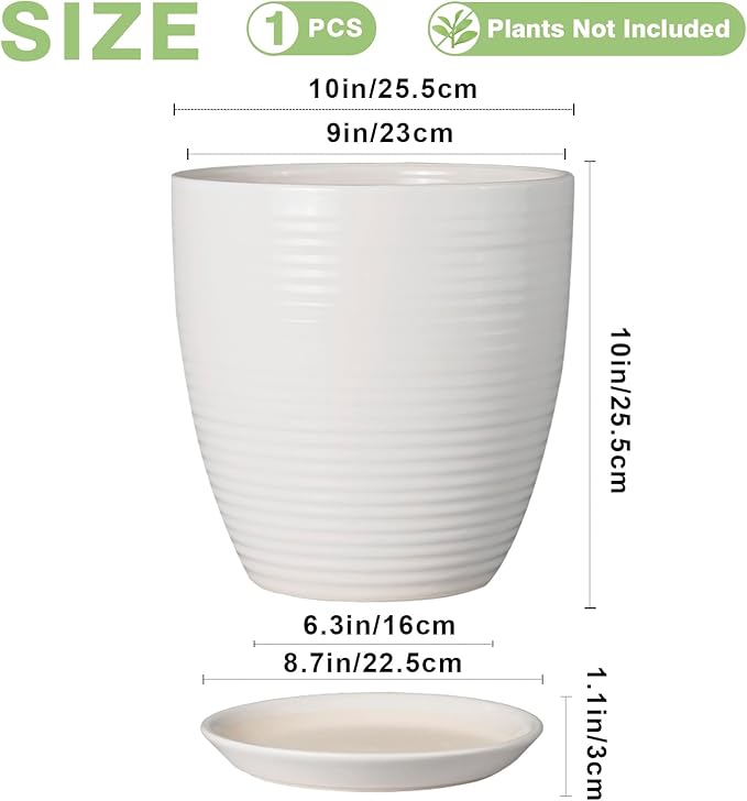 10 Inch Ceramic Planter Pot Large Plant Pot with Drainage Hole and Saucer Modern Round Flower Pot for Indoor Outdoor Plants Garden Pot White