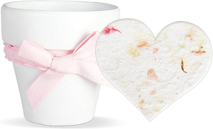 Set of 6 Seed Paper – 6 Pink Hearts & 6 White Pots with Bow for Weddings & Life Events