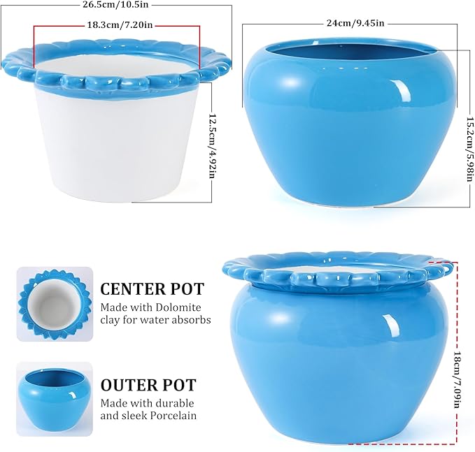 10.5in Large Ceramic Planters for Indoor Plants Blue Self-Watering Terracotta Planter Green Dolomite Clay Morden Decor Simple Irrigation Terracotta Clay Pots with Creamic Reservoir