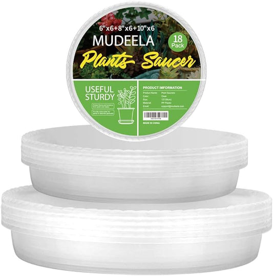 18 Pack Plant Saucers of 6 inch & 8 inch & 10 inch , Durable Plant Trays for Indoors Outdoors, Clear Plastic Flower Plant Pot Saucer, Made of Thicker, Stronger Plastic, with Taller Design (6"+8"+10")