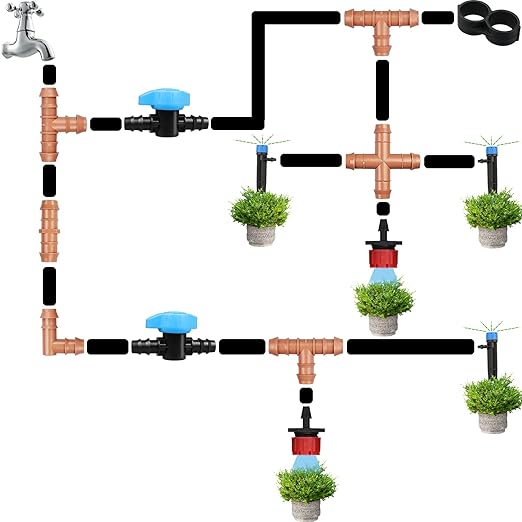 JAYEE 34 Pieces Drip Irrigation Fittings Kit (17mm) for 1/2" Tubing (.600" ID), 10 Couplings, 8 Tees, 2 Cross, 2 Valve, 6 Elbows and 6 Tubing End Closure - Barded Connectors for Sprinkler Systems