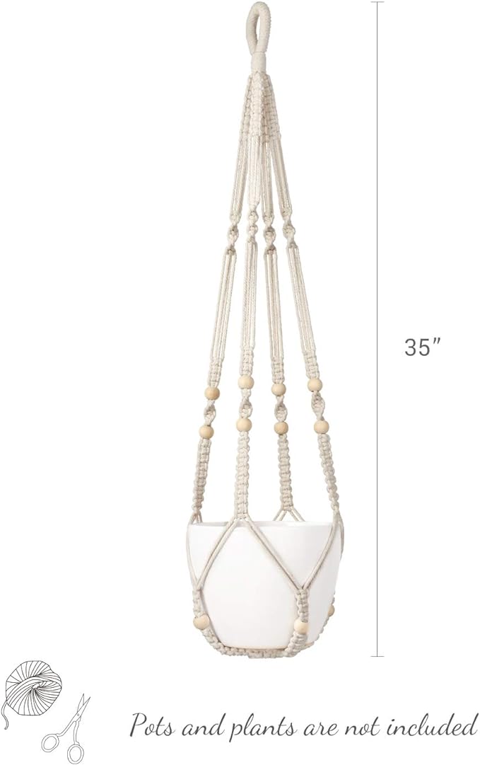 Mkono Macrame Plant Hanger Indoor Hanging Planter Basket with Wood Beads Decorative Flower Pot Holder No Tassels for Indoor Outdoor Boho Home Decor 35 Inch, Ivory, Set of 2 (POTS NOT Included)