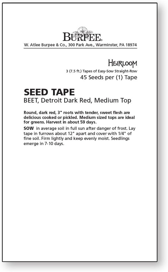 Burpee Detroit Dark Red Medium Top Beet Seed Tape 45 per tape
