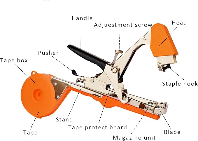 Plant Tying Machine Tool,Vegetable Gardening Tools with 10000pcs Staples 20 Rolls Tape and Replacement Blade for Grapes,Raspberries,Tomatoes,and Vining Gardening Tying Tool(Orange)