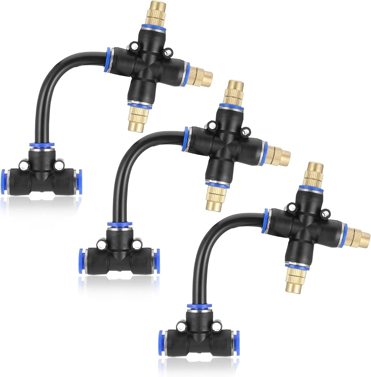 Mornajina 3Packs 3 Way Brass Misting Nozzles Tee with 5inch Built in Hose for Outdoor Cooling System, Adjustable 360° Rotation, Water Mister Nozzles Thread Sprayer 0.043" (1.1 mm)