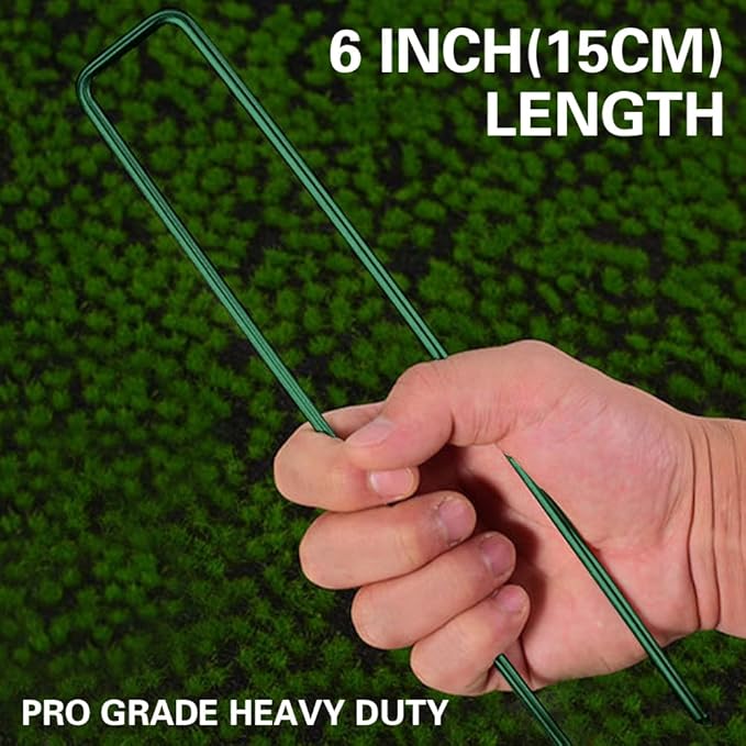 Bakulyor 150Pcs Green Landscape Staples 6 Inch Garden Artificial Turf Stakes Staples, 11 Gauge Lawn Galvanized Ground Fabric Pins for Weed Barrier Sod Decorations Holding Fence and Irrigation Tubing