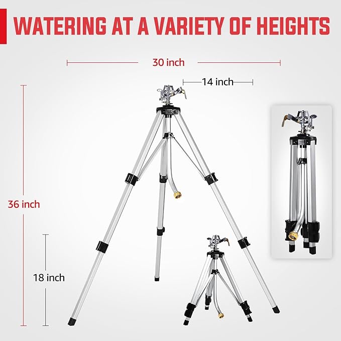 YAMATIC Impact Sprinkler on Adjustable Tripod Base, 360 Degree Large Area, with 3/4" Thread Quick Connect Fittings, Heavy Duty Pulsator Sprinkler for Lawn Yard and Grass, Spray up to 20-90ft (36inch)