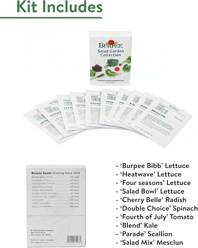 Burpee Salad Garden Collection 10 Packets of Non-GMO 4 Lettuce Varieties Tomato, Radish, Spinach, Kale, Scallions & Mesclun Mix | Seeds for Planting Vegetables