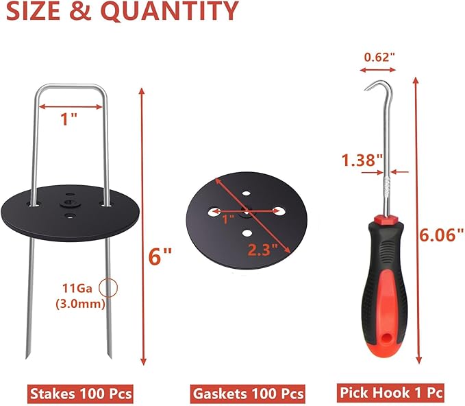 MySit 100 Pack Artificial Turf Stakes Staples with 100 Landscape Staple Gasket Caps, 6 Inch Weed Barrier Stakes for Moisture Barriers, Garden Stake Pick Hook, Garden Ground Staples for Weed