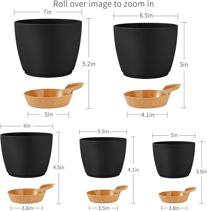 GARDIFE Plant Pots 7/6.5/6/5.5/5 Inch Self Watering Planters with Drainage Hole, Plastic Flower Pots, Nursery Planting Pot for All House Plants, Succulents,Snake Plant, African Violet, Flowers,Black