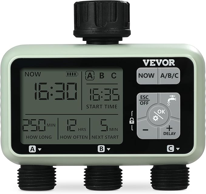 VEVOR Water Timer, 3 Outlets, Hose Watering Sprinkler Timer, with 3 Independent Watering Zone LCD Display Rain Delay Mode Manual Mode 360° Brass Inlet Metal Filter, IPX6 Waterproof for Yard Watering