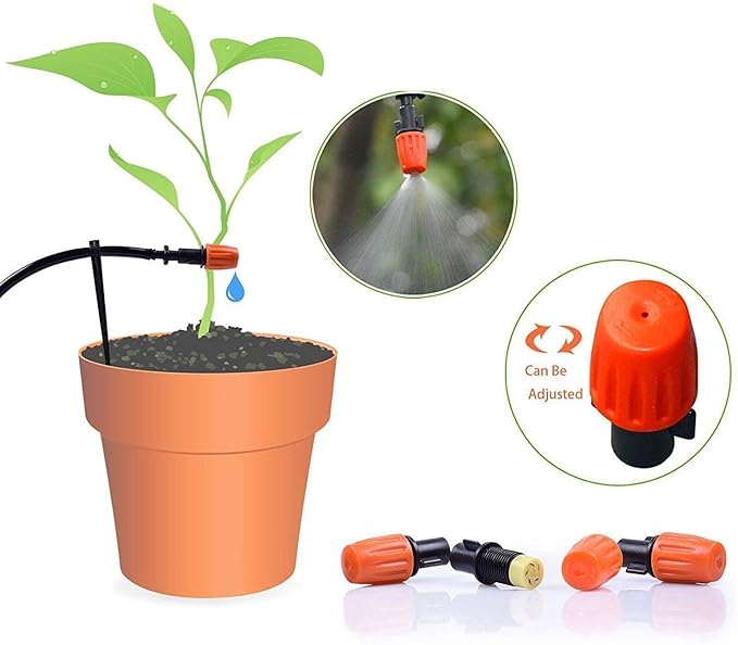 MSDADA Garden 50Ft Automatic Drip Irrigation Kits, 1/4" Blank Distribution Plant Watering Irrigation Kit Accessories Include Adjustable Nozzles, Cooling Irrigation System for Garden (Red)