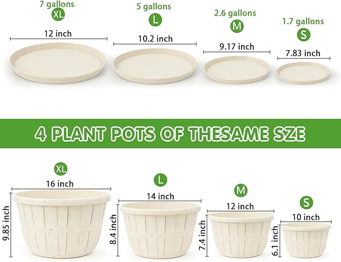 Quarut 12 Inch Large Planter Pot for Plants Indoor Outdoor, 4 Pack Plastic Flower Pots with Drainage Hole & Tray, Modern Decorative Garden Pot with Saucer, Plant Container for House（Beige）