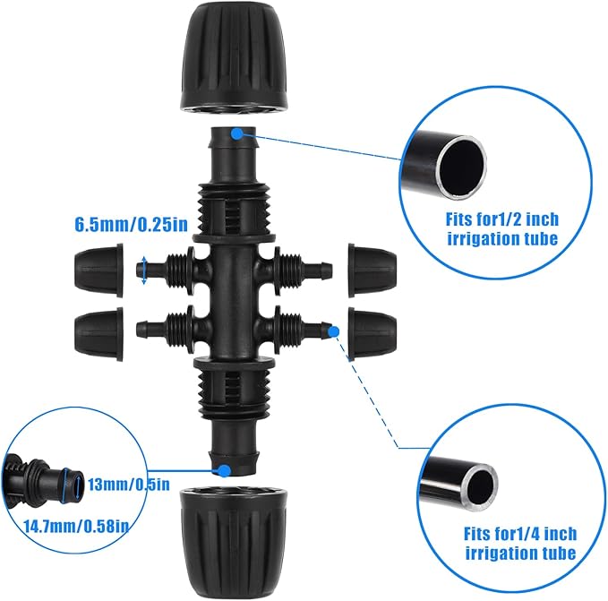 1/2 Inch to 1/4 Inch Tubing Irrigation Fittings for (1/2'' ID x 0.60''-0.63'' OD) 16mm Drip Tubing,Locked Barbed Tee Connectors (20 Pcs Barbed Tee 6-Way)