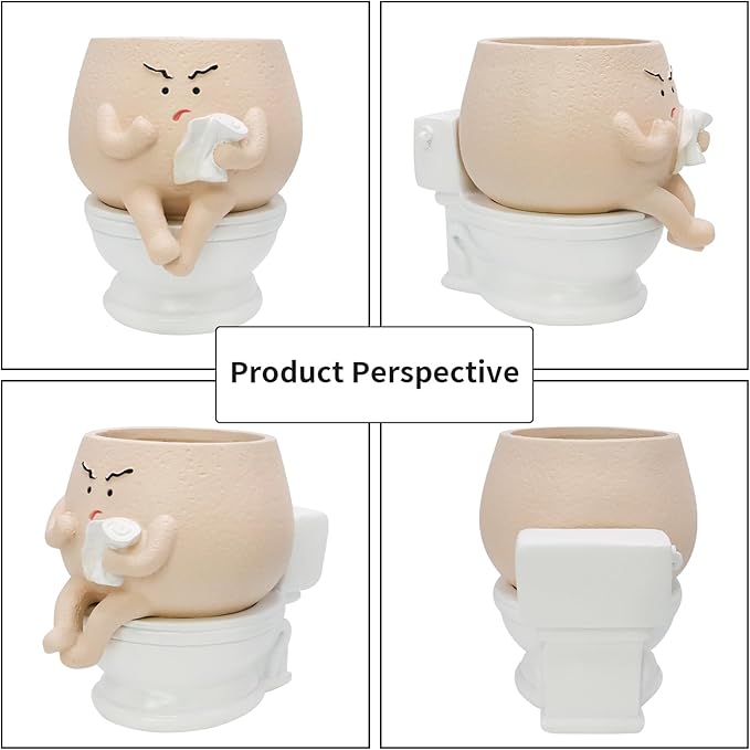 Frowning Planter Pots for Indoor Plants Cute Resin Flower Head Planters, Sit Toilet Succulent Pots with Drainage Hole Unique Closestool Planter - Gift IdeaI for Birthday and Christmas