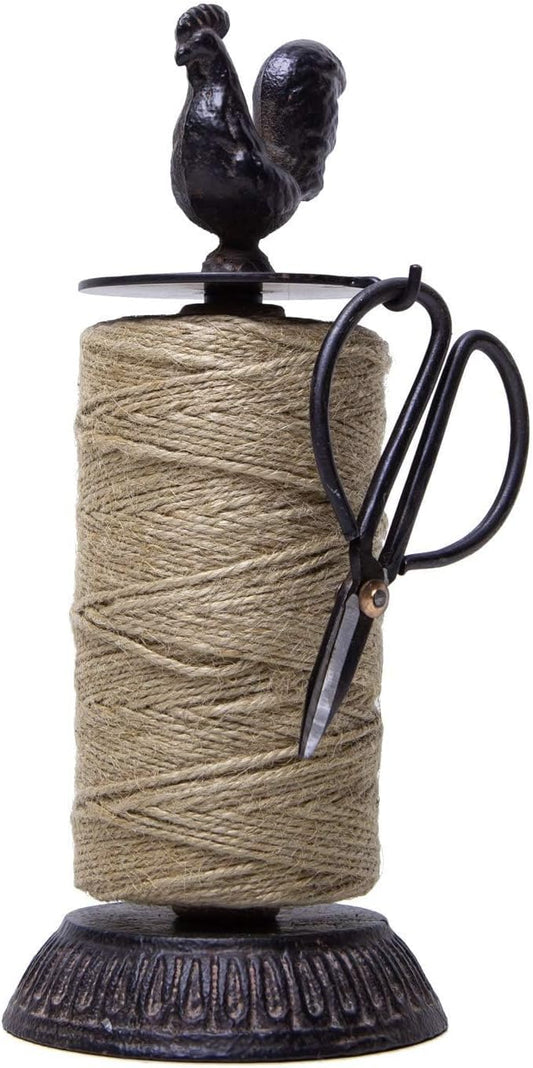 SOFFEE DESIGN Vintage Jute Twine Spool and Scissors Holder for Garden Farmhouse Kitchen Antique Twine and Scissors Set Black Rooster