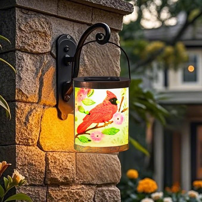 Starsoul 2 Pack Hanging Solar Lantern Outdoor Waterproof Glass Red Cardinal Decorative Solar Lights for Outside Garden Yard Table Patio Decor Cardinal Gifts