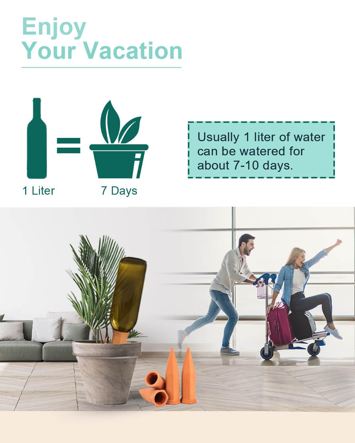 vensovo 10pcs Terracotta Watering Spikes - Green Automatic Self Watering Stakes, Plant Watering Devices for Wine Bottles Recycled Bottles, Clay Plant Garden Waterers for Vacations