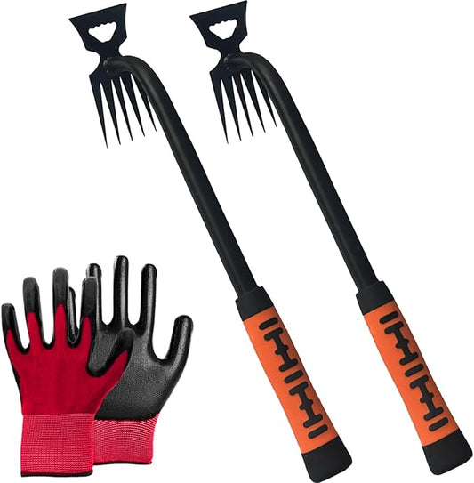 Stainless Weeding Artifact Uprooting Weeding Tool, Stainless Steel Forged Weed Puller 4 Teeth Dual Purpose Weeder, Hand Weeder Tool for Gardening with Long Handle, Silver 4Pcs