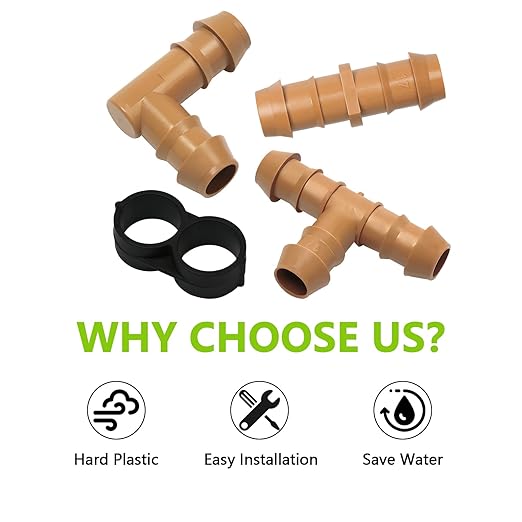 26 Pieces Drip Irrigation Fittings Kit for 1/2 Inch Tubing, Drip Irrigation Parts for Drip Sprinkler System- 7 Couplings, 7 Tees, 6 Elbows, 6 Plugs Drip Line Connectors