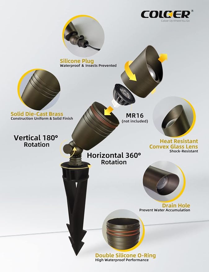 COLOER Die-cast Brass Landscape Spotlights Outdoor, 12V AC/DC Low Voltage Christmas Landscape Lighting Fixture, IP65 Waterproof Garden Patio Trees Directional Spot Uplight(102B,1-Pack Without Bulb)