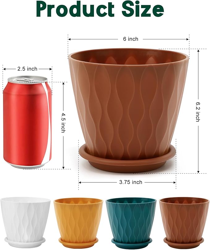 6 Inch Indoor Planter Pots with Drainage Hole and Tray Saucer,Flower Pots for Indoor Outdoor Garden Plants and Flowers, Multicolor, 5 Packs