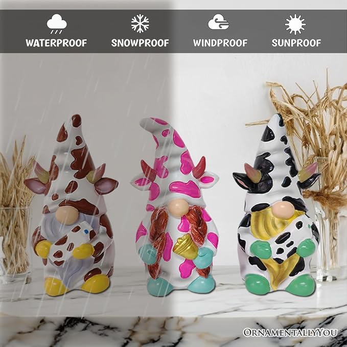 Spring & Summer-Themed Garden Statues – Adorable Outdoor Decor for Lawn, Patio & Porch (Cow Gnome Trio Mini Statue Set of Three, 5" Miniature Figurine and Unique Farm Resin Garden Statue)