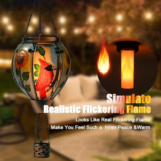 Hot Air Balloon Solar Lantern - Cardinal Bird Glass Lantern with Simulated Flickering Flame, Outdoor Hanging Yard Light Waterproof IP65 & Weather Resistant for Garden Patio Lawn Porch Decor Gfit