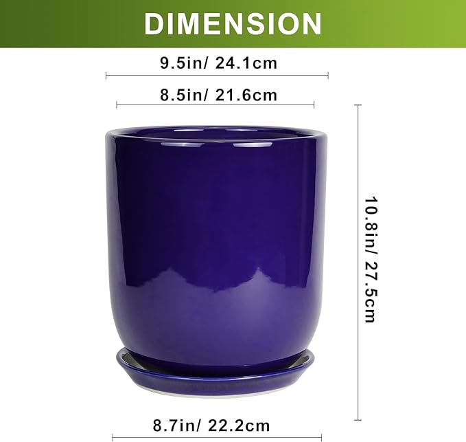 10 Inch Plant Pot - Ceramic Pot for Indoor Plants Large Planter Modern Outdoor Flower Pot with Drainage Hole and Saucer for Home Patio Decor Blue